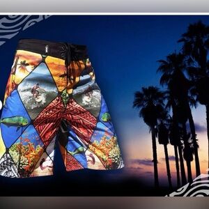 Tahitian Diamond-Pattern Board Shorts with Ocean and Surf Motif-SZ 34